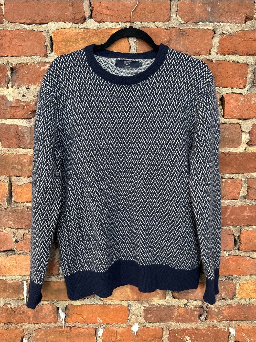 J. Crew Men’s Navy and White Herringbone Crewneck Sweater (100% Lambswool)